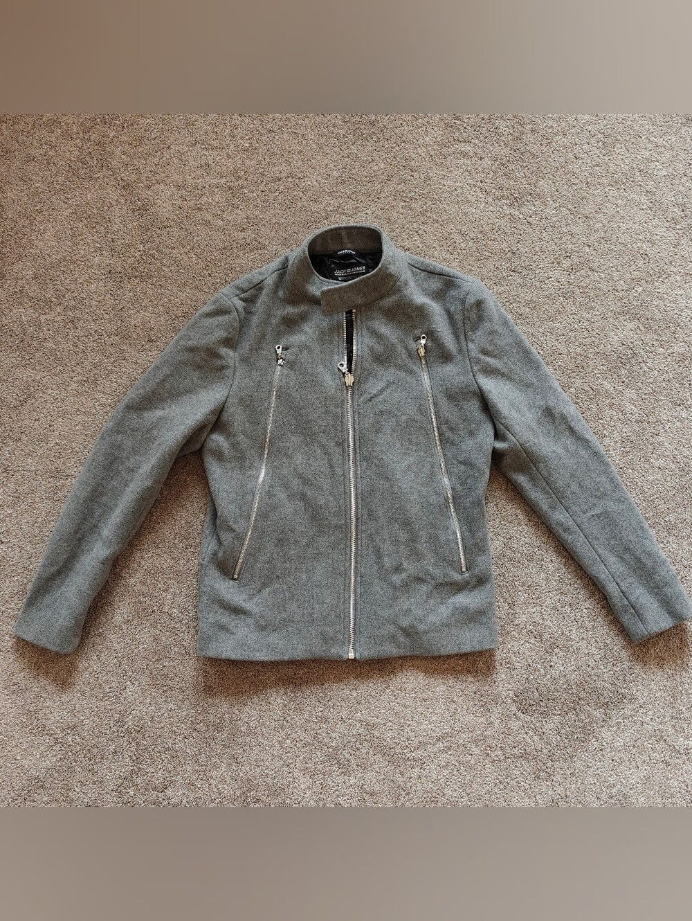 Jack & Jones CORE Wool Blend Moto Biker Jacket Grey Stand Collar Size Medium